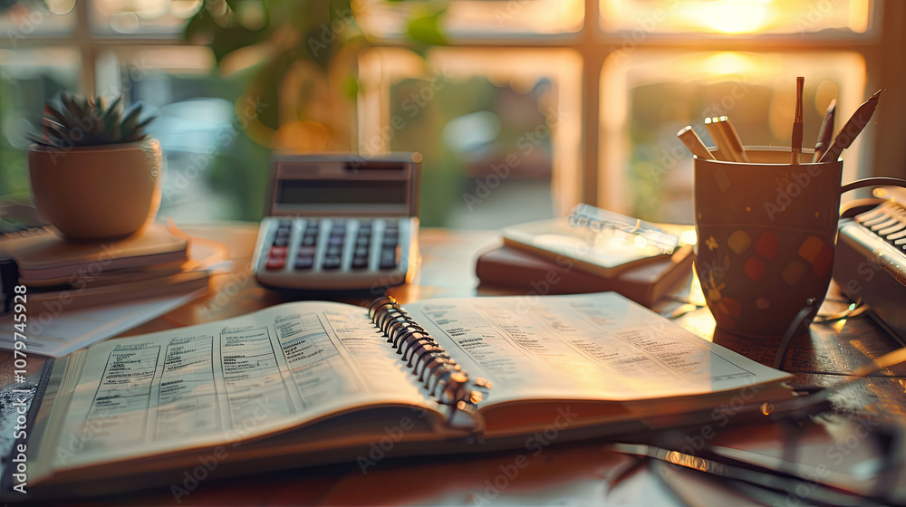 holiday budgeting essentials with an open notebook, calculator, and pen on a tidy desk. Soft lighting adds warmth, emphasizing focus and organization during the festive season holiday budgeting essentials with an open notebook, calculator, and pen on a tidy desk. Soft lighting adds warmth, emphasizing focus and organization during the festive season