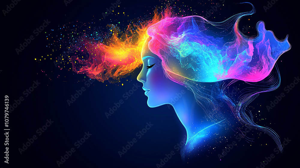 A woman's profile with a fiery halo of color and light. A woman's profile with a fiery halo of color and light.