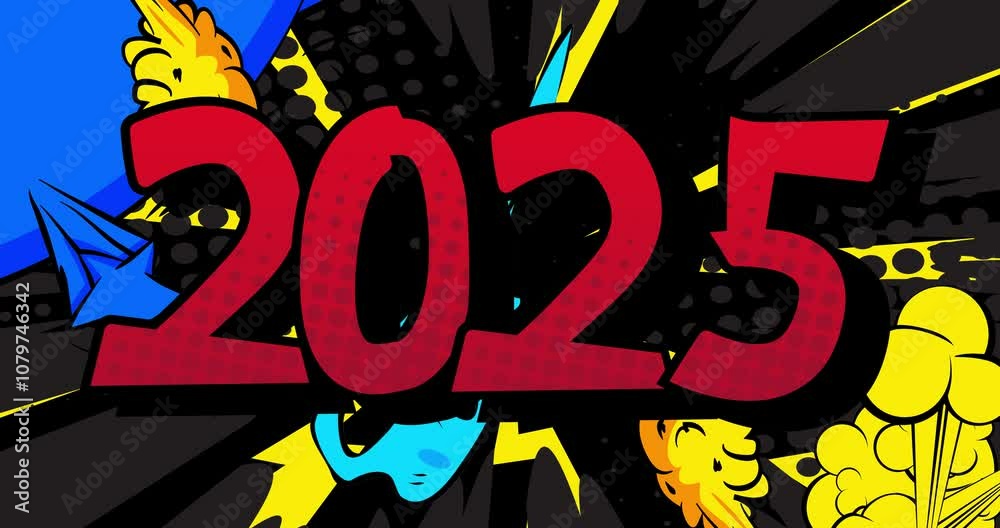 Cartoon Number 2025, comic book New Year Celebration video. Retro comics pop art design animation. Cartoon Number 2025, comic book New Year Celebration video. Retro comics pop art design animation.
