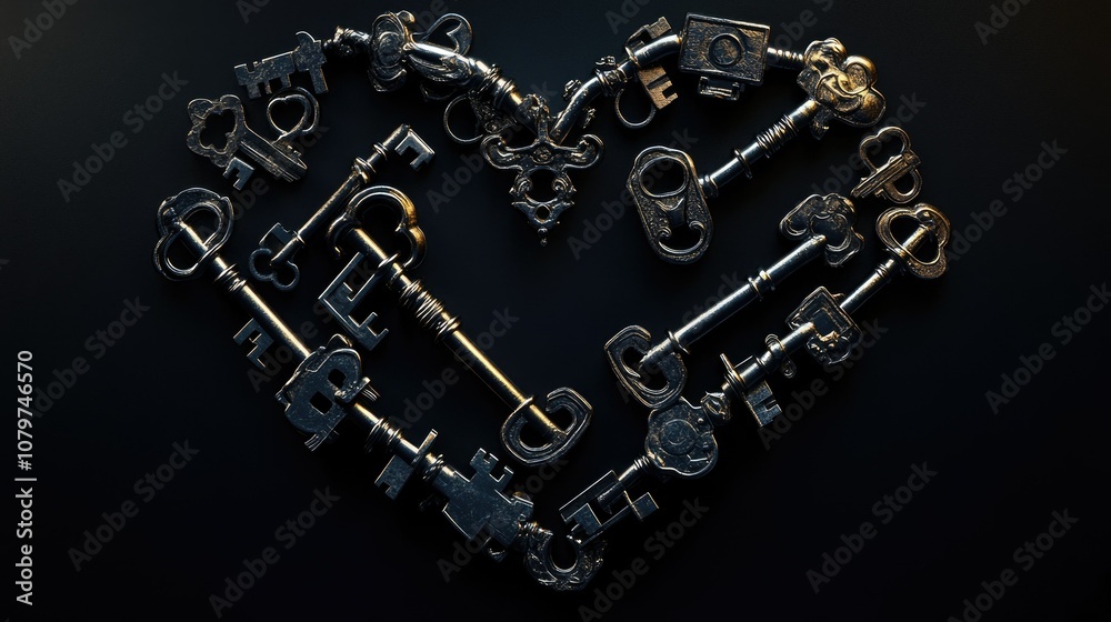 A heart made of retro metal keys on a dark black background, conveying a vintage, romantic, and nostalgic feeling A heart made of retro metal keys on a dark black background, conveying a vintage, romantic, and nostalgic feeling