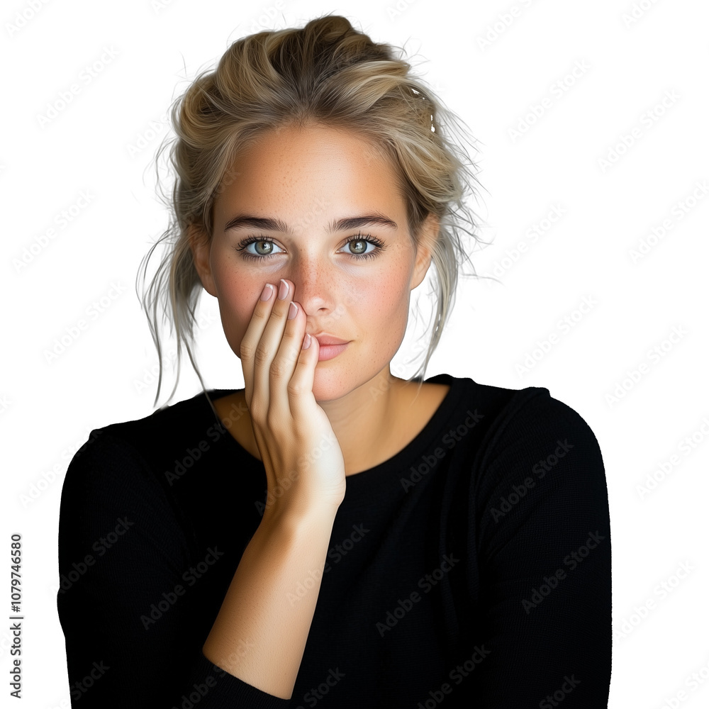 Woman with thoughtful expression and hand on face Woman with thoughtful expression and hand on face