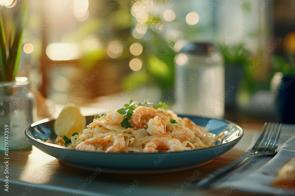 Enjoying pad thai with river shrimp at a cozy cafe table Enjoying pad thai with river shrimp at a cozy cafe table
