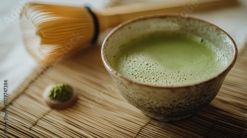 Matcha green tea in a ceramic cup and whisk on bamboo mat