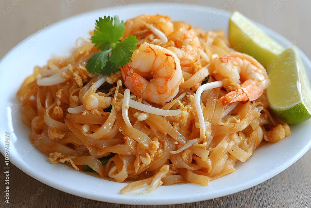Enjoying pad thai with river shrimp at a cozy table setting Enjoying pad thai with river shrimp at a cozy table setting