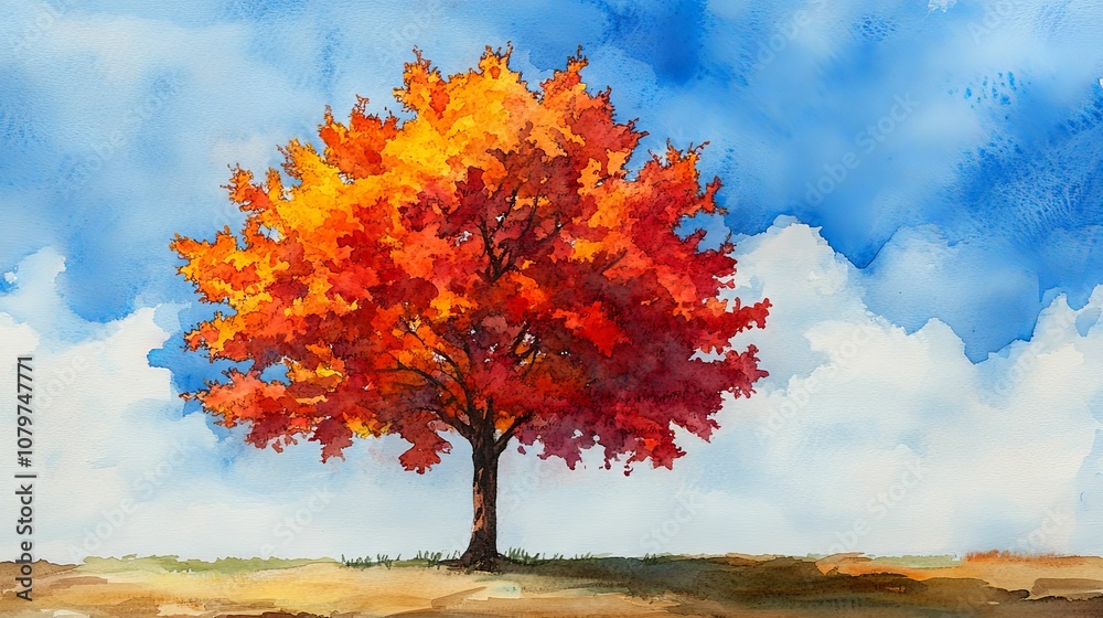 Watercolor Painting of a Single Autumn Tree with Red and Orange Leaves Against a Blue Sky Watercolor Painting of a Single Autumn Tree with Red and Orange Leaves Against a Blue Sky