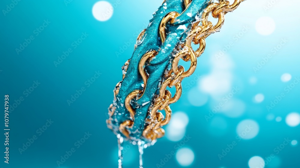 Fototapeta premium Golden Chain with Blue Water Droplets on Teal Background