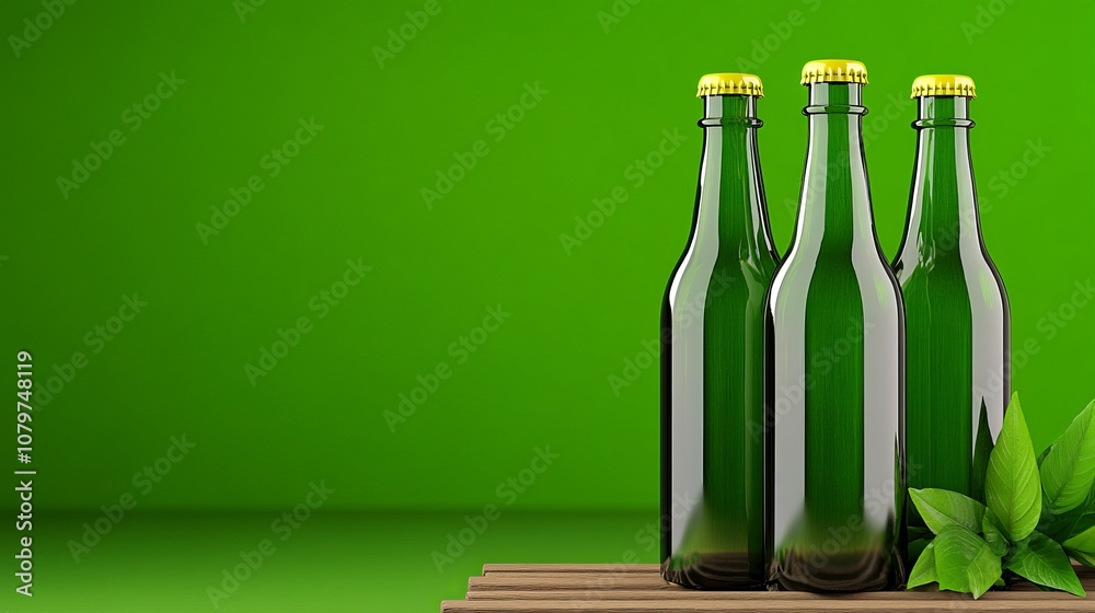Green Glass Bottles with Yellow Caps on Wooden Plank and Green Background Green Glass Bottles with Yellow Caps on Wooden Plank and Green Background