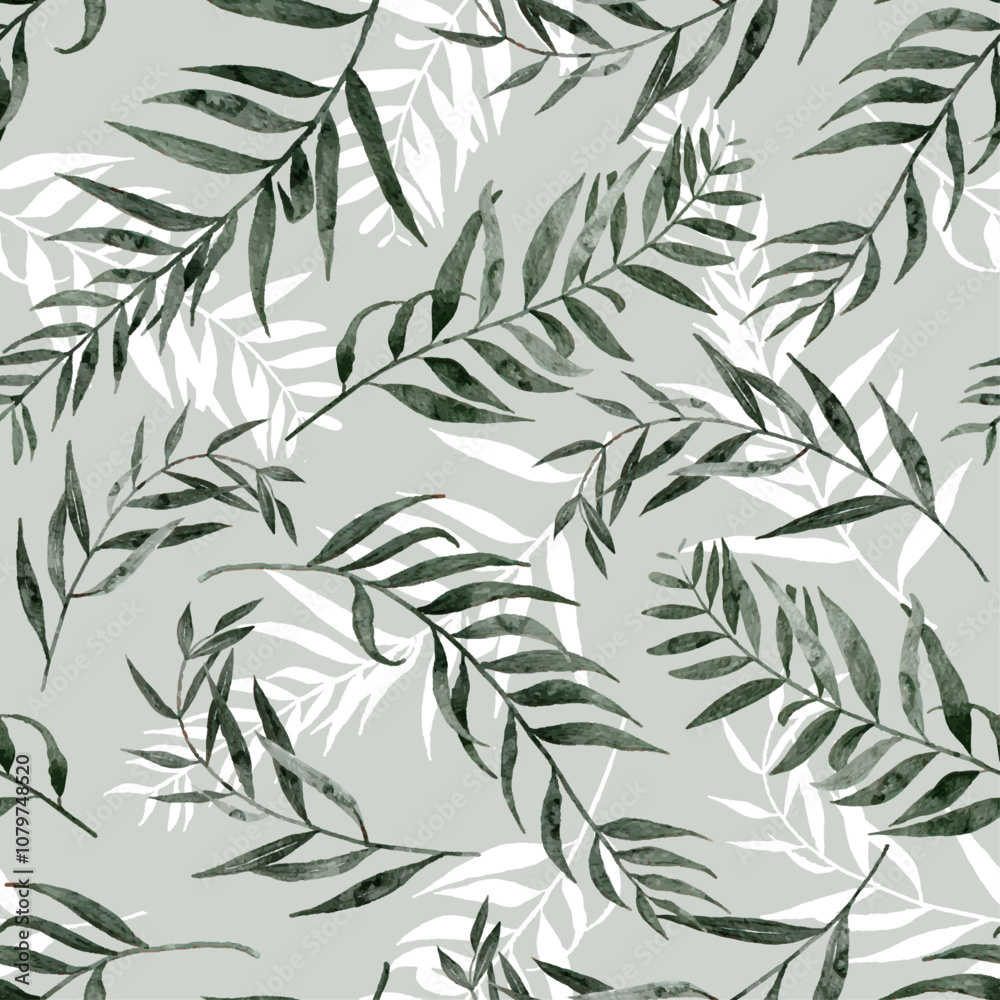 Fototapeta premium Watercolor Californian Pepper Berry Foliage Seamless Pattern, Botanical Leaves Seamless Background