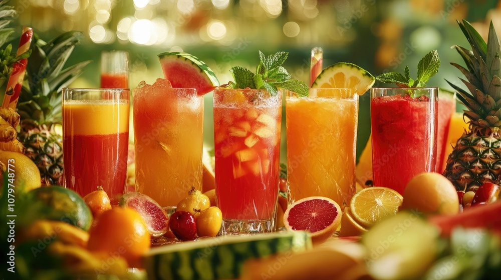 A vibrant display of fresh fruit juices in clear glasses, each one garnished with mint leaves and surrounded by juicy fruits like pineapple, watermelon, and citrus slices A vibrant display of fresh fruit juices in clear glasses, each one garnished with mint leaves and surrounded by juicy fruits like pineapple, watermelon, and citrus slices