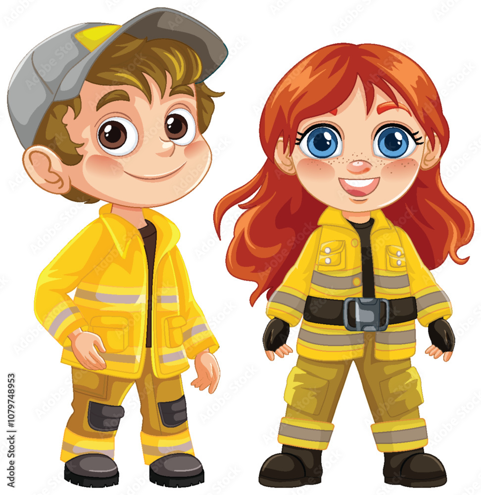 Cartoon Firefighters in Uniform