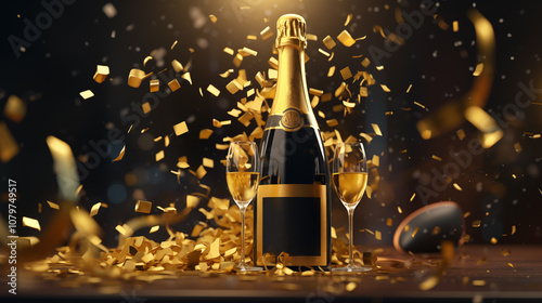 Sparkling Champagne Bottle Surrounded by Golden Confetti Ready for Celebration at a Festive Event