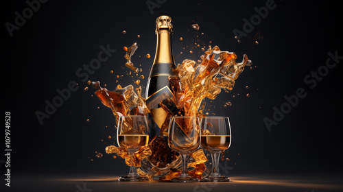 Elegant Champagne Bottle Surrounded by Splashing Liquid and Glasses, Perfect for Celebrations, Events, and Luxury Themes in Stock Photography