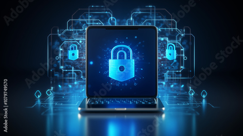Digital Security Concept with a Laptop Featuring a Lock Icon and Futuristic Data Protection Elements Against a Dark Background