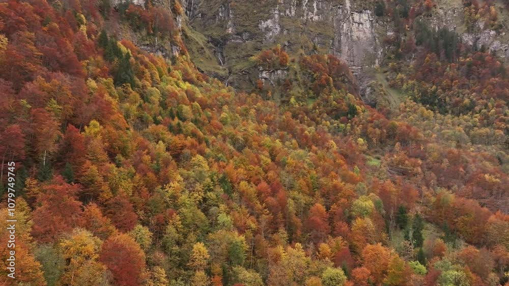 Waterfall in Klöntal Valley amid colorful autumn vegetation in the Swiss Alps. Waterfall in Klöntal Valley amid colorful autumn vegetation in the Swiss Alps.