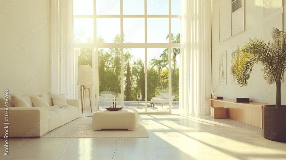 Bright minimalist family room with an airy feel, neutral decor, large windows, soft natural light Bright minimalist family room with an airy feel, neutral decor, large windows, soft natural light