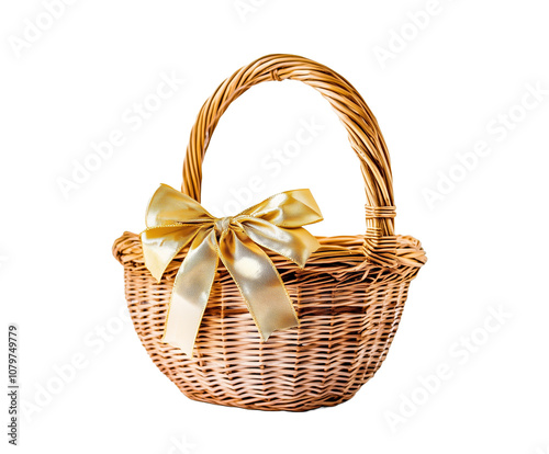 Empty wicker basket with a decorative golden bow, Transparent background