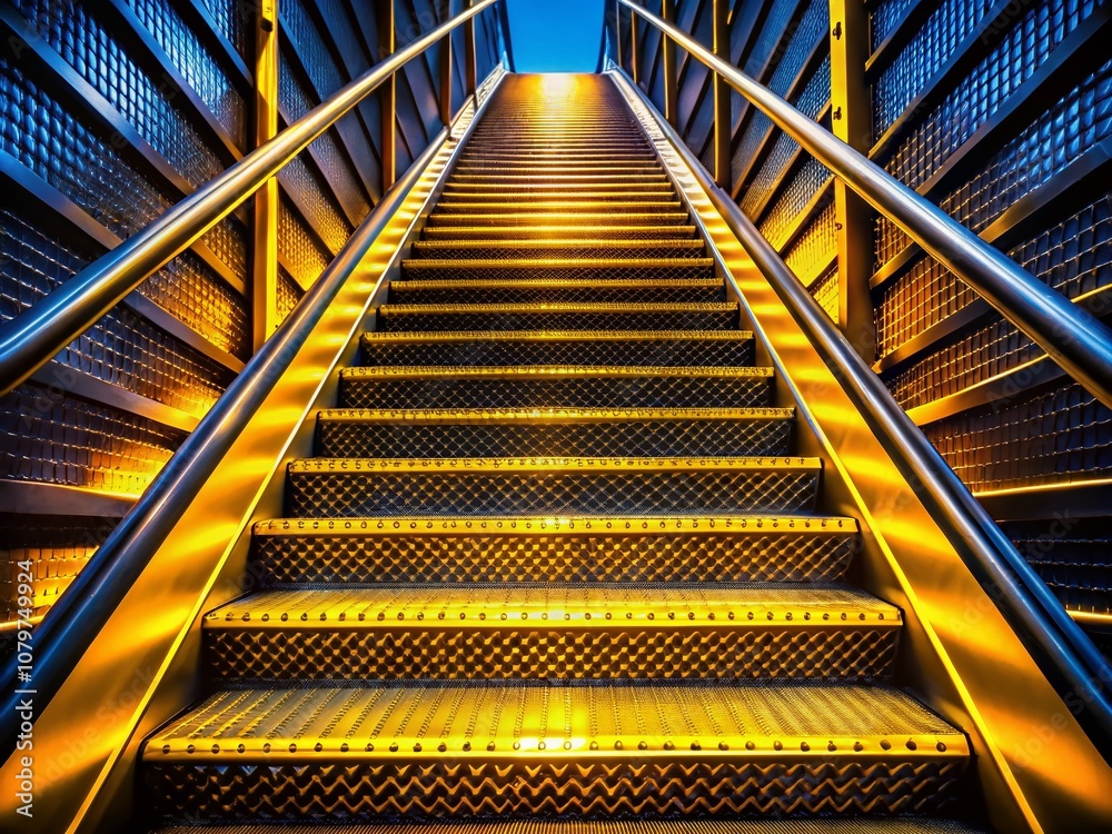 The industrial staircase, a stark silhouette with yellow safety lines. The industrial staircase, a stark silhouette with yellow safety lines.
