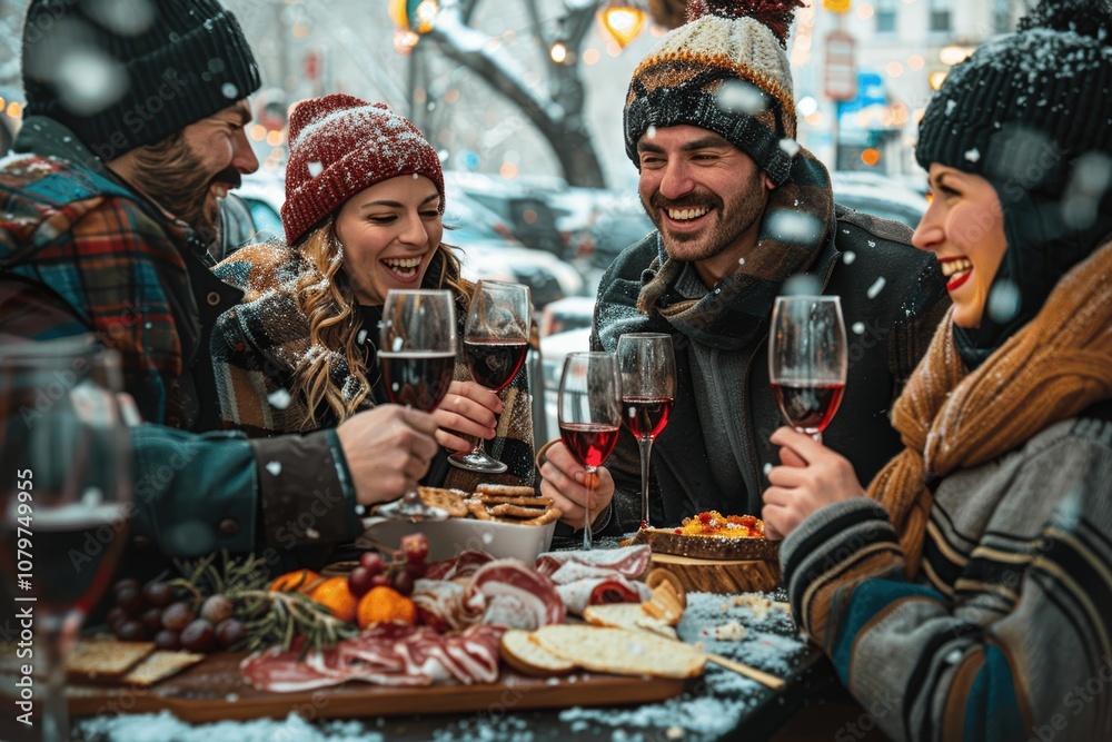 Joyful Friends Toasting Wine at Outdoor Cafe Winter Celebration with Charcuterie Board - Fun Social Gathering and Lively Atmosphere Joyful Friends Toasting Wine at Outdoor Cafe Winter Celebration with Charcuterie Board - Fun Social Gathering and Lively Atmosphere