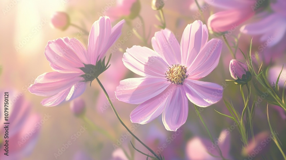 custom made wallpaper toronto digitalClose-up of beautiful cosmos flowers in soft shades of pink, set against a vibrant summer backdrop, capturing the natural beauty of the blooms