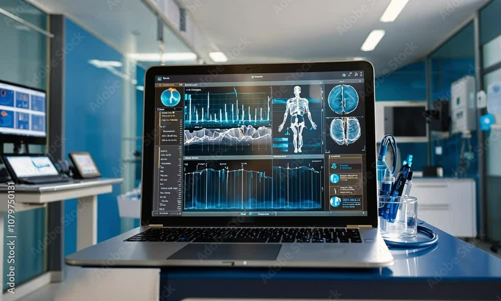 Digital screen showing medical data and body scan in high-tech setting.