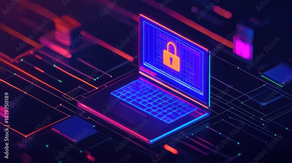 A futuristic laptop with a lock symbol displayed, surrounded by colorful digital circuitry, symbolizing cybersecurity and data protection. A futuristic laptop with a lock symbol displayed, surrounded by colorful digital circuitry, symbolizing cybersecurity and data protection.
