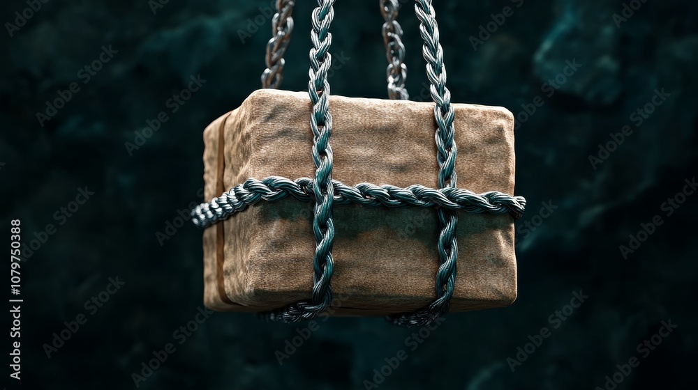 Fototapeta premium Mysterious Cargo Box Hanging With Rope Against Dark Background