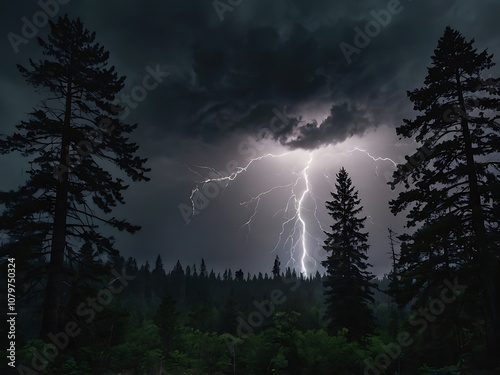 Lightning Strike Illuminating a Silhouetted Forest at Night photo