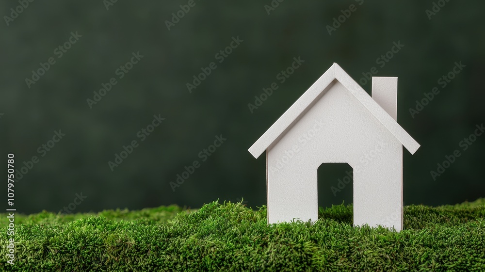 A minimalist white house figurine stands on vibrant green grass, symbolizing eco-friendliness and modern home design against a dark backdrop. A minimalist white house figurine stands on vibrant green grass, symbolizing eco-friendliness and modern home design against a dark backdrop.