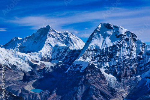 Stunning view of Mount Makalu summit and south west face,8485m,5th highest mountain with Chamlang,7319 m in the foreground seen from summit of Mera Peak Central,6461 m,Mera Peak Expedition,Nepal 