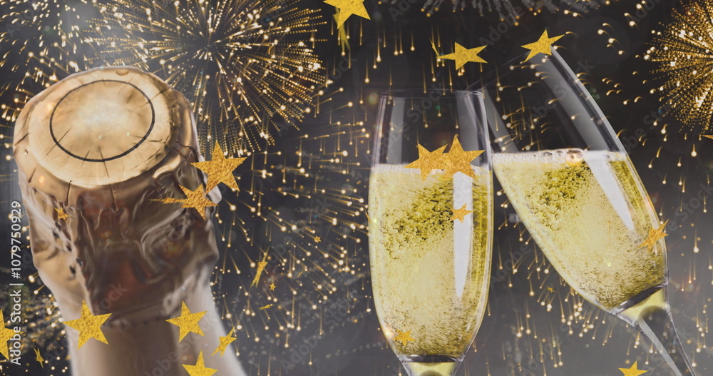Naklejka premium Image of gold stars falling over two toasting glasses of champagne with bottle and fireworks
