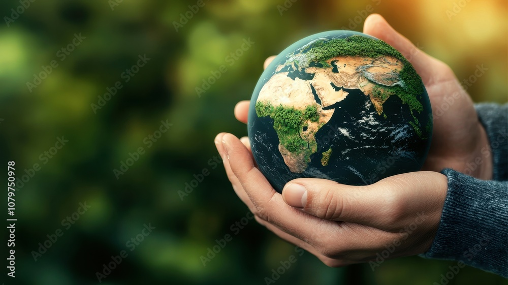 A person gently holds a small globe, symbolizing care for the Earth and its natural beauty against a blurred green background. A person gently holds a small globe, symbolizing care for the Earth and its natural beauty against a blurred green background.
