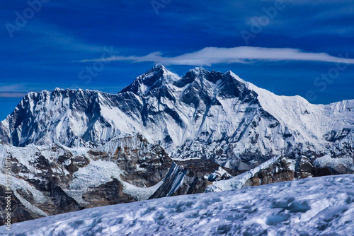 Magnificent view of the Mount Everest Summit,8848m, Lhotse,8516 m,Nuptse,7864 m from the summit of Mera Peak central,6461 m,Mera Peak expedition,Himalayas,Nepal 