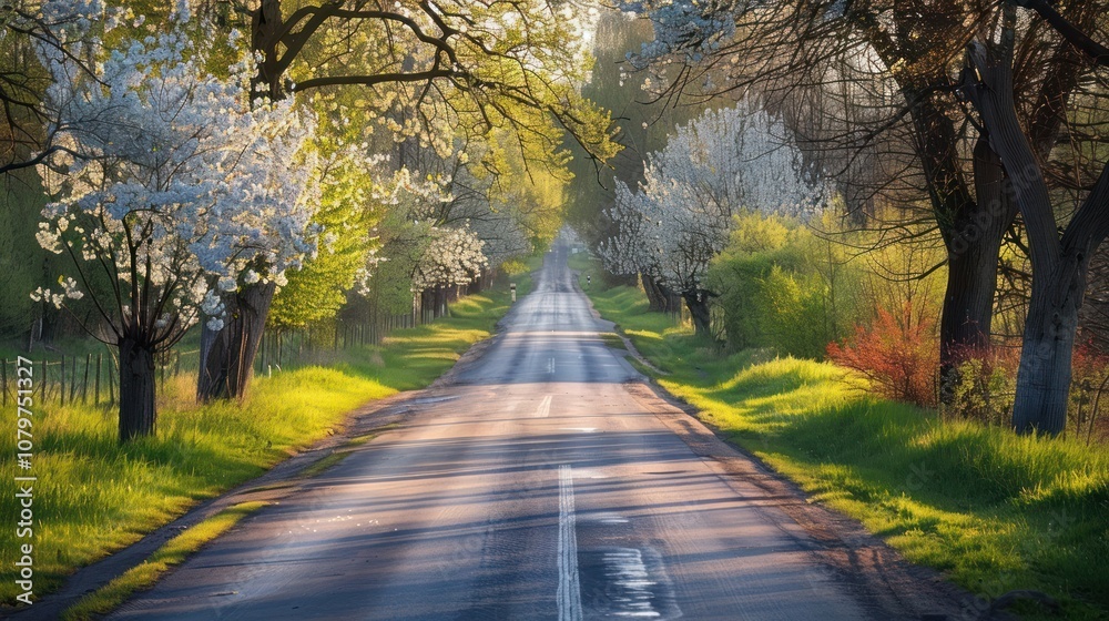 Street with trees blooming in beautiful spring, AI generated image Street with trees blooming in beautiful spring, AI generated image