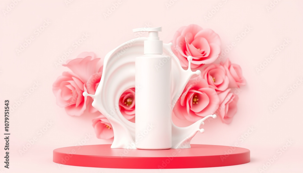 Body Lotion Mockup Bottle with Cream Splash on Pink Background for Advertising, Modern Advertisement Concept. Body Lotion Mockup Bottle with Cream Splash on Pink Background for Advertising, Modern Advertisement Concept.