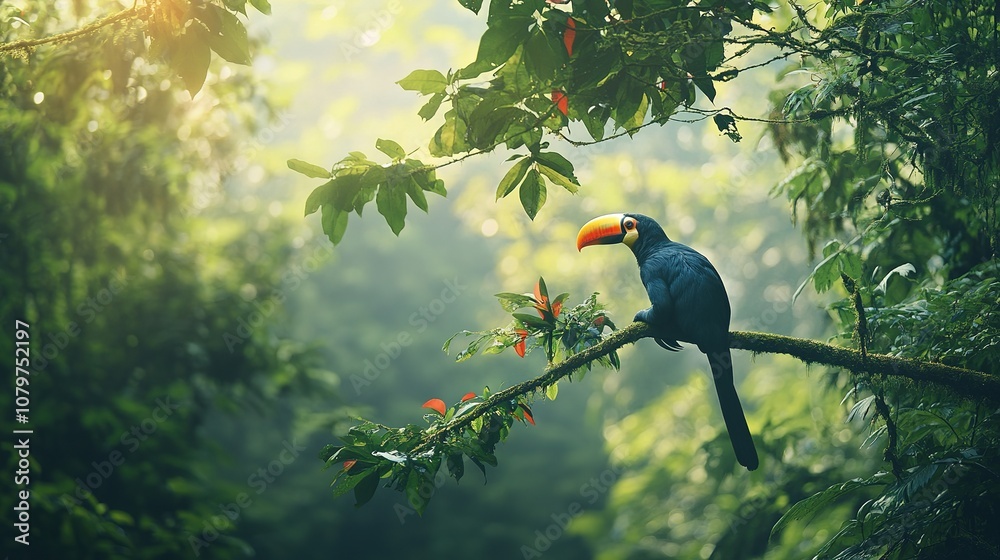 Fototapeta premium A wildlife adventure in the rainforest, spotting sloths and colorful toucans in the trees.