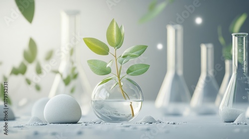 A serene lab scene featuring a plant growing in water, surrounded by glass beakers and a clean, modern environment.