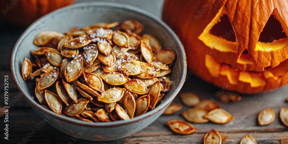 A bowl of roasted pumpkin seeds with a sprinkle of salt, sitting on a wooden table next to a carved pumpkin. A bowl of roasted pumpkin seeds with a sprinkle of salt, sitting on a wooden table next to a carved pumpkin.