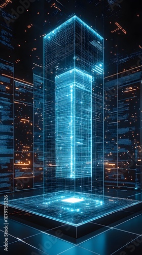 53. A high-tech 3D display with digital grids, glowing lights, and a central vertical space for a product to shine. photo