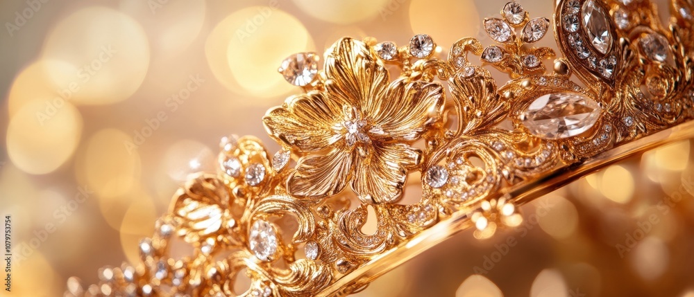 Elegant golden crown or tiara with sparkling diamonds and floral design Elegant golden crown or tiara with sparkling diamonds and floral design