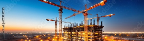 A stunning sunset view of a construction site, featuring towering cranes and a partially built structure illuminated by city lights.