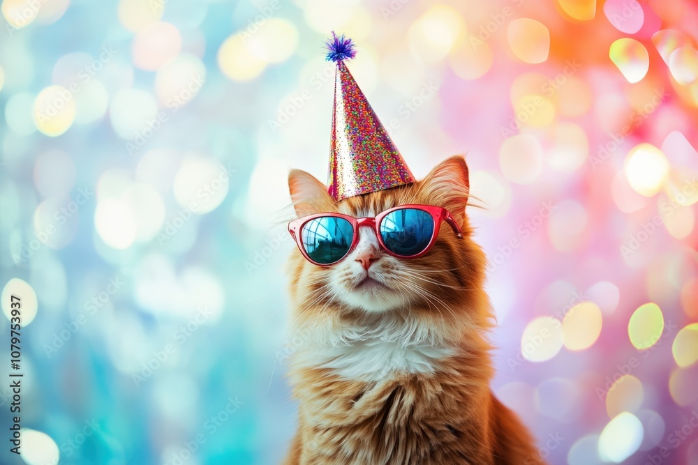 Fototapeta premium Festive feline in party hat and sunglasses
