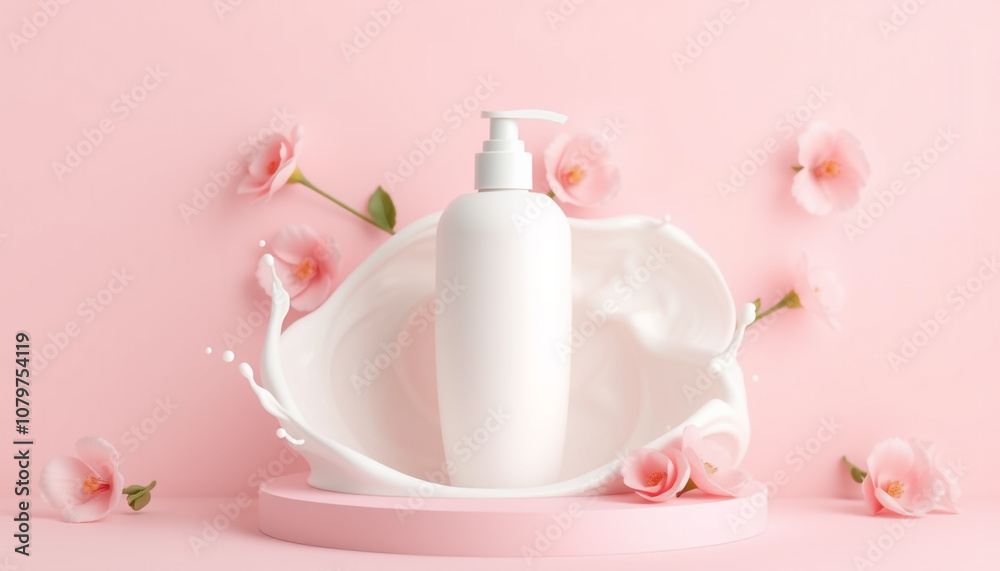 Body Lotion Mockup Bottle with Cream Splash on Pink Background for Advertising, Modern Advertisement Concept. Body Lotion Mockup Bottle with Cream Splash on Pink Background for Advertising, Modern Advertisement Concept.