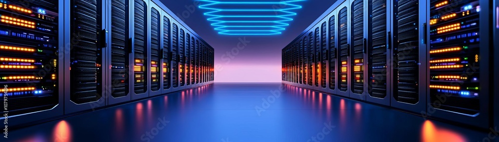 Obraz premium Digital innovation hub with radiating lights, symmetrical design and soft blue glow, minimalistic background, illustrating modern technology s expansive growth