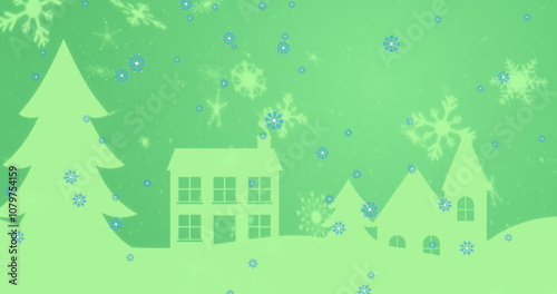 Image of snow falling over winter landscape on green background