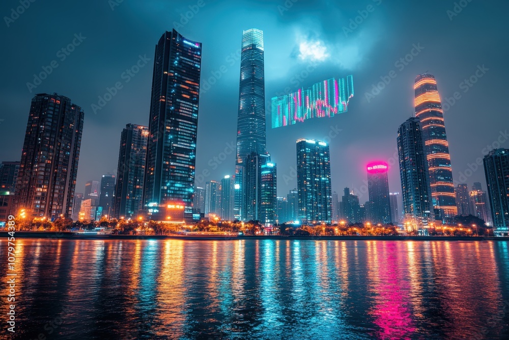 Fototapeta premium Stunning night cityscape with glowing skyscrapers and vibrant reflections in the water