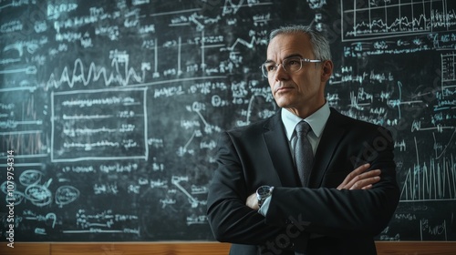 A distinguished professional stands confidently in front of a chalkboard filled with complex equations and graphs, showcasing intelligence and expertise.