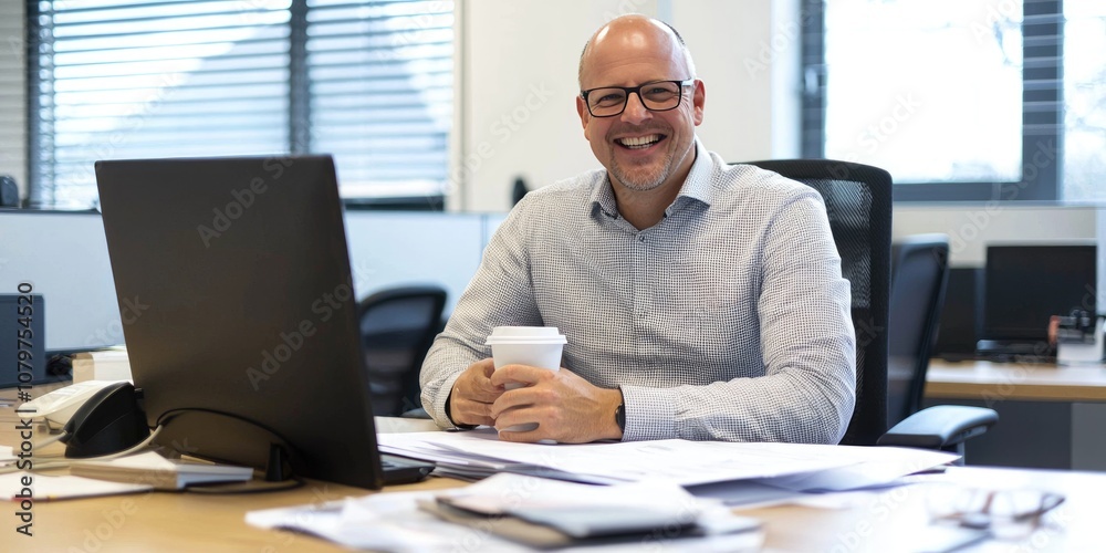A businessman sitting at his desk, smiling as he reviews documents and drinks coffee in a bright, airy office. A businessman sitting at his desk, smiling as he reviews documents and drinks coffee in a bright, airy office.