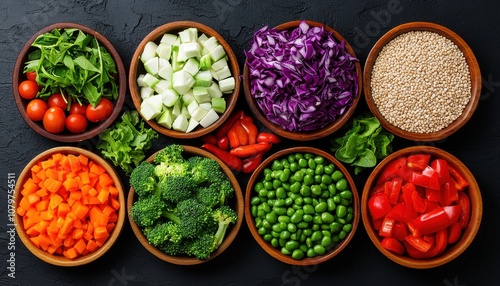 A vibrant display of fresh vegetables and grains in wooden bowls, showcasing a healthy, colorful assortment ideal for salads or dishes.