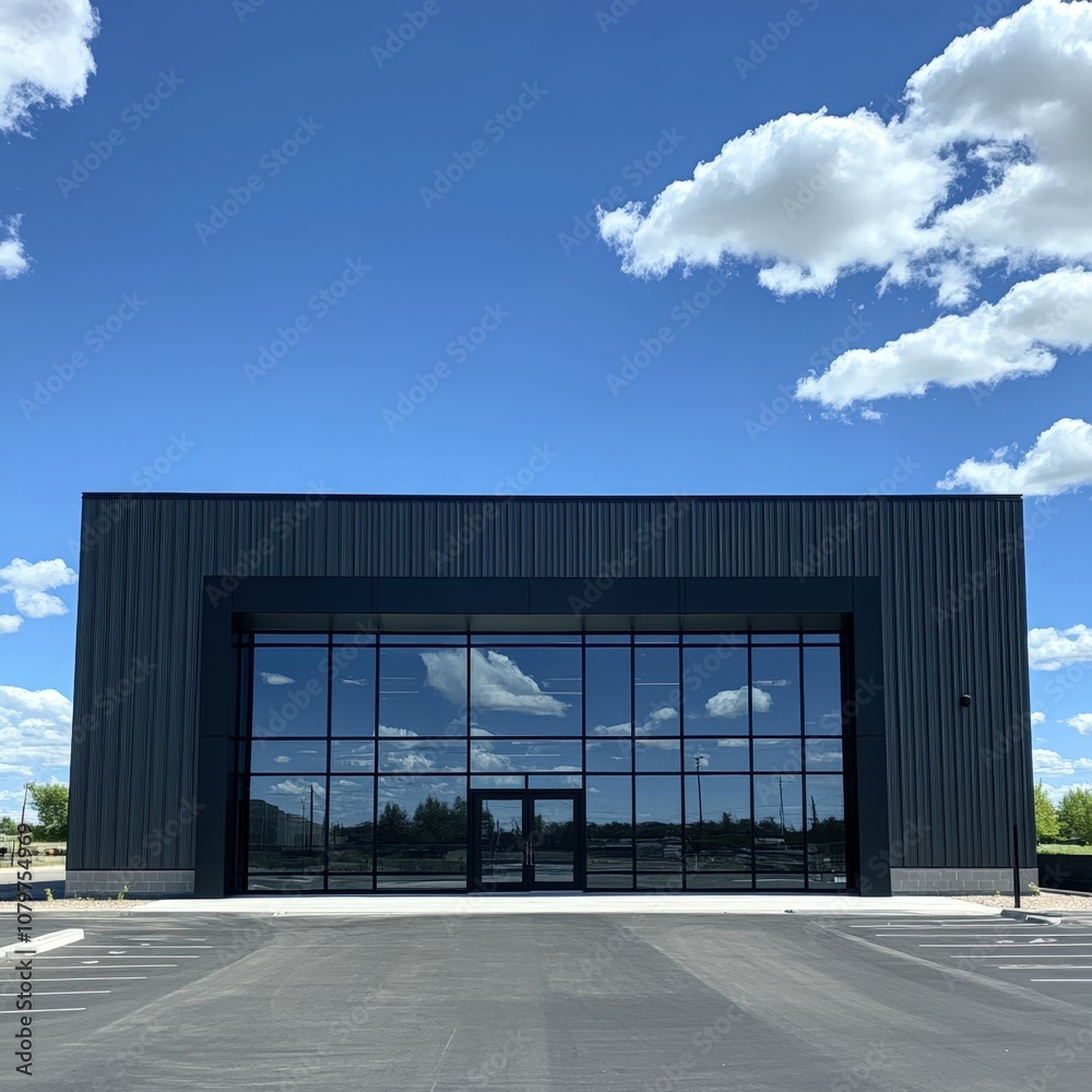 Obraz premium modern industrial building with large glass windows reflecting the sky