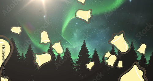 Image of christmas bell icons falling against multiple trees and northern light in night sky